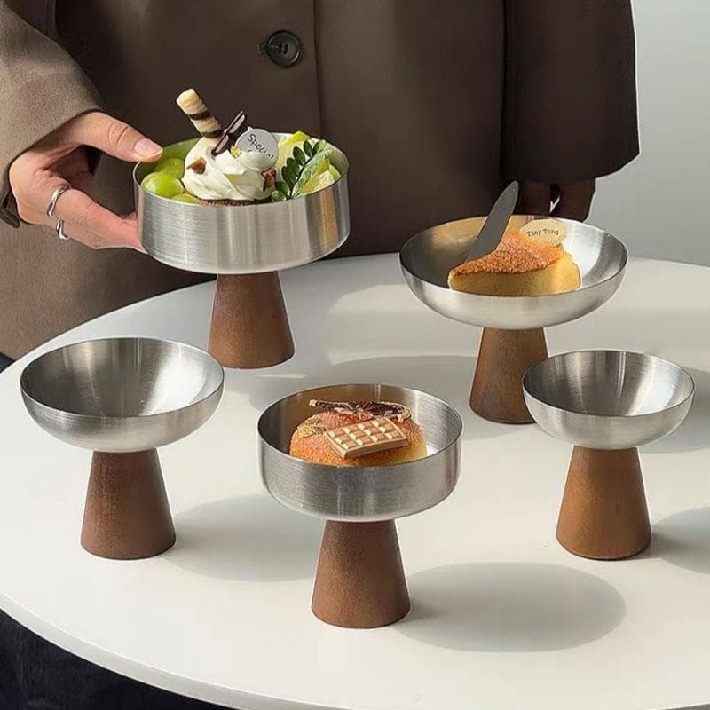 Japonês ins estilo de aço inoxidável pés de madeira sobremesa taça tigela frutas restaurante bolo sorvete sobremesa tige