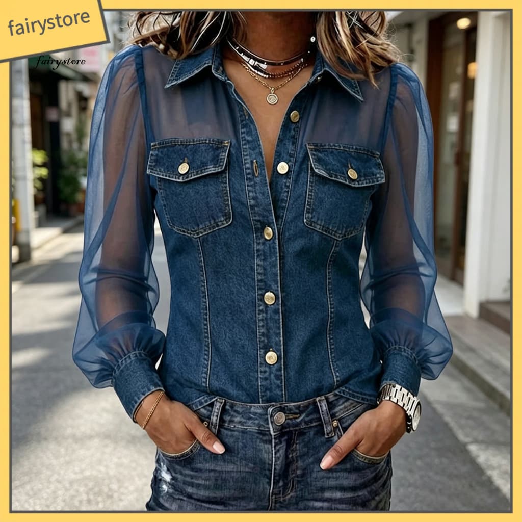 Denim Tops Adjustable Strap Women’s Shirt Long Sleeve Cold Shoulder Mesh Patchwork Lapel Buttons Casual for Country Co