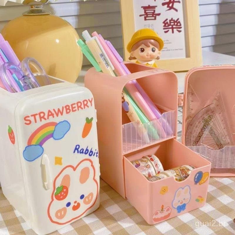 Porta-canetas em formato de mini geladeira de desenho animado para mulheres, organizador de mesa para artigos de papelar