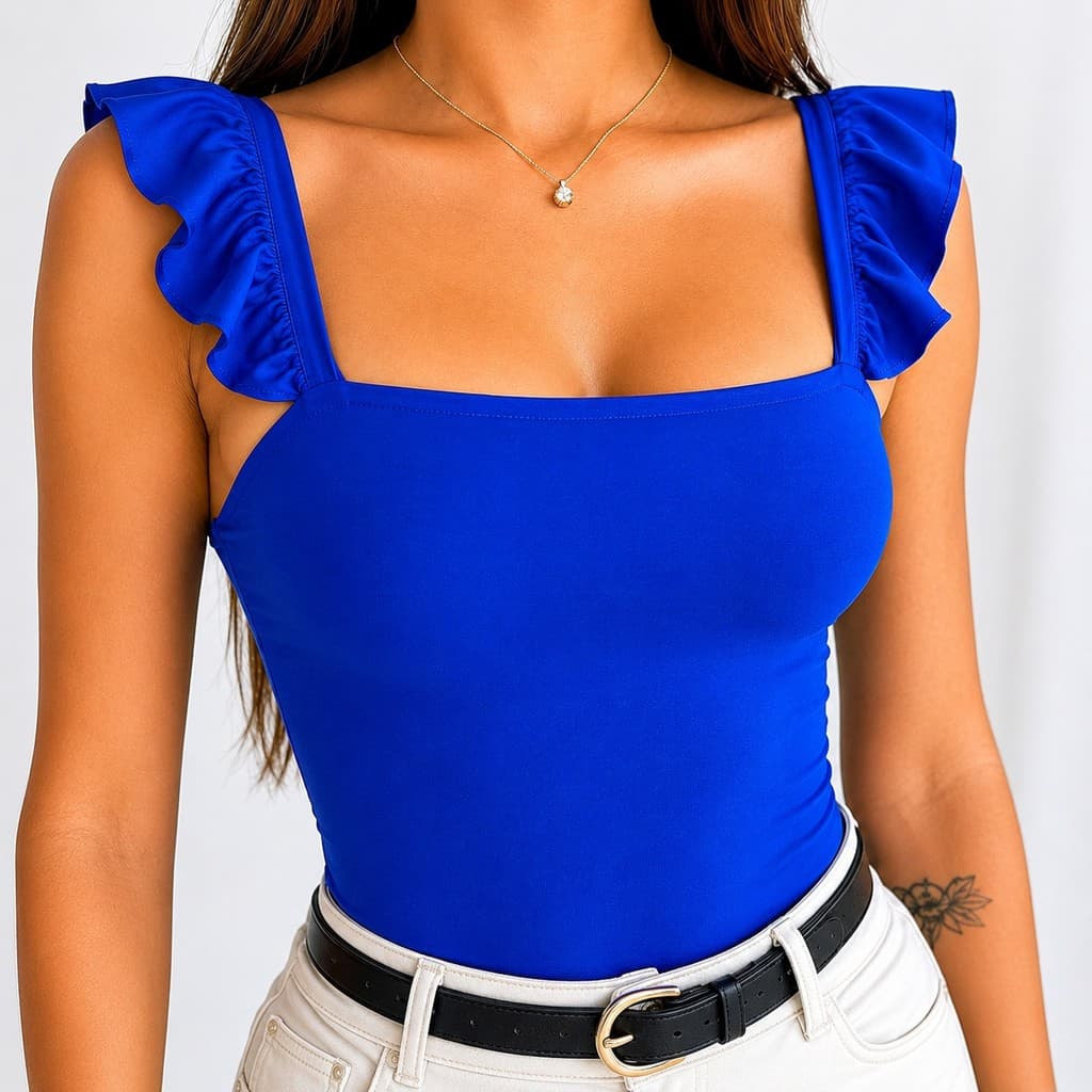 Blusa Regata Feminina Casual Estilosa De Alcinha Suplex Premium Decote Quadrado Com Babado Tendencia Verão