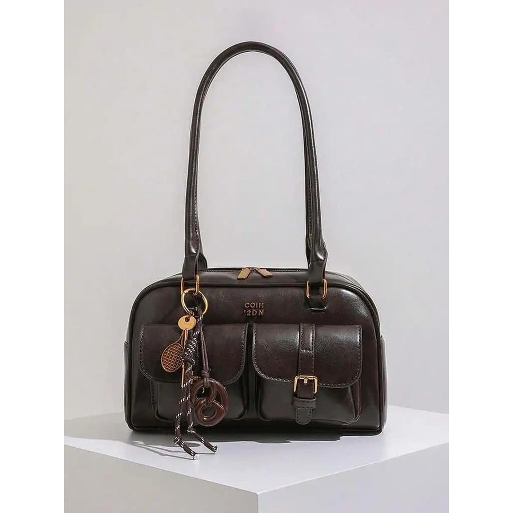 Bolsa de mão estilo retrô com dois bolsos, bolsa de ombro moderna para usar debaixo do braço com pingente, bolsa baguete