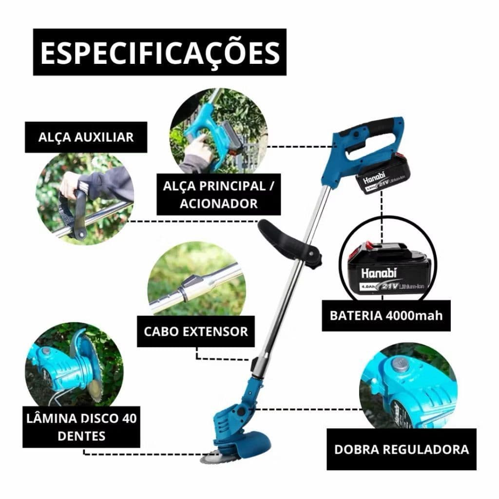 Roçadeira Aparador de Grama 48V Hanabi Cortador de Grama Sem Fio 2 Baterias 360° Jardim Arbusto