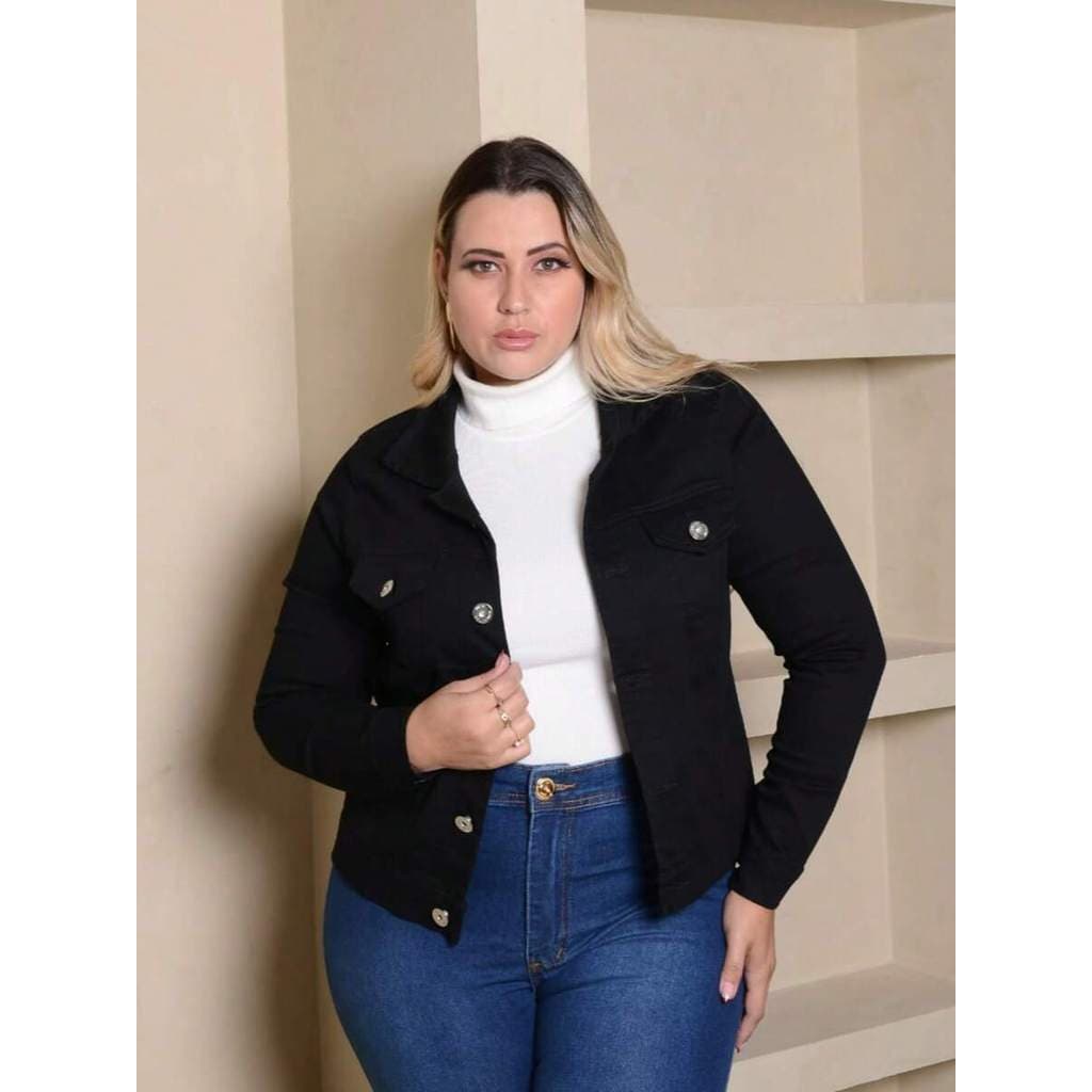 jaqueta Jeans Feminina plus size Com Elastano preto manga longa Outono e Inverno
