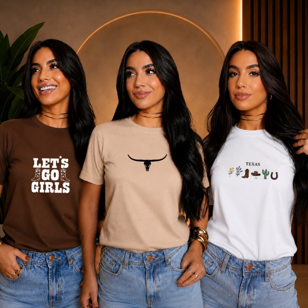 Kit 3 Camiseta Feminina Estampada Texas T-Shirt Tendência Cownty Estilosa 100% Algodão