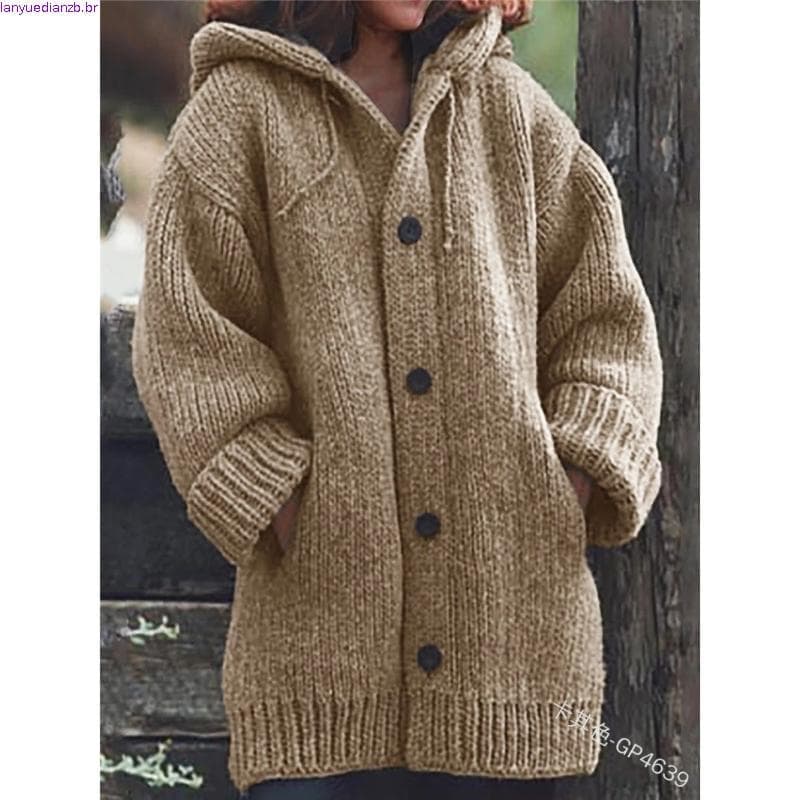 Casaco Feminino Plus Size Outono Inverno Manga Comprida Cor Sólida Solto Com Capuz
