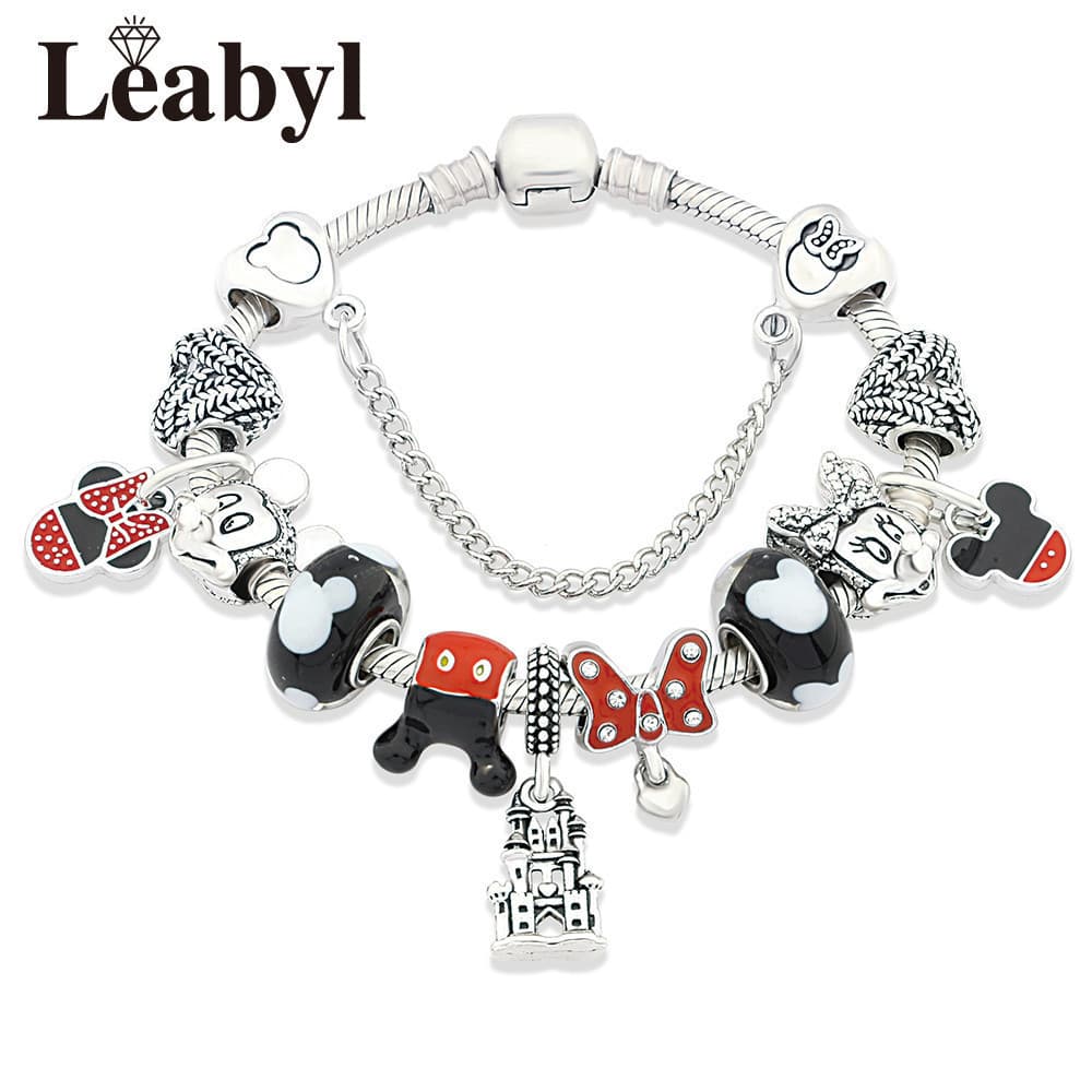 Cristal Preto Dos Desenhos Animados Charme Pulseira Vermelho Esmalte Mickey Minnie Bowknot Pingente Grânulo Pulseiras Mo