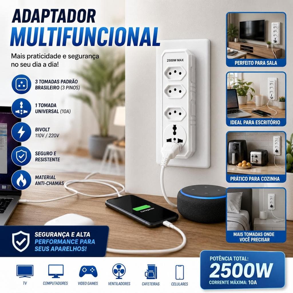 Adaptador de Tomada 2500W Max Bivolt 10A com 3 Tomadas + 1 Universal Extensão Multiplicador de Tomadas