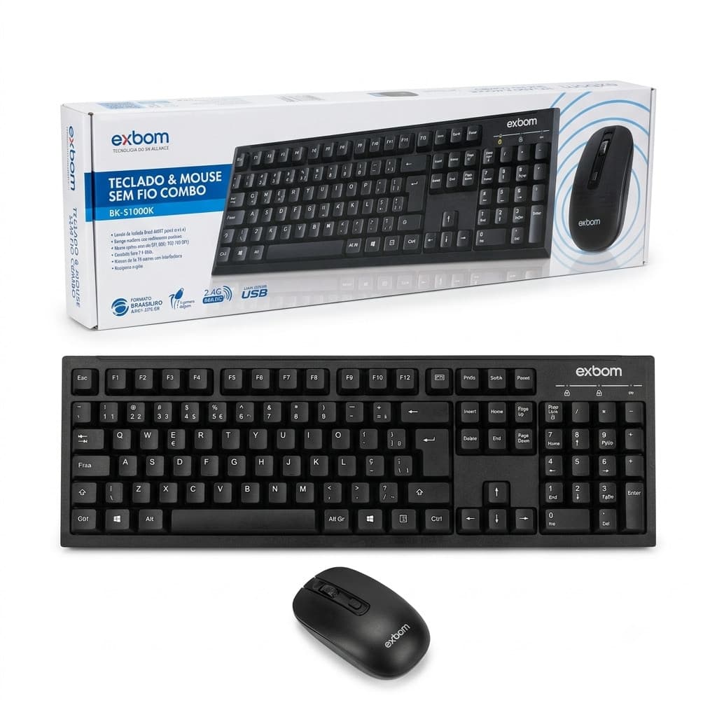 Combo Teclado e Mouse Sem Fio Exbom BK-S1000K ABNT2 Wireless Ç Para PC Notebook Smart TV Kit Teclado E Mouse Silencioso