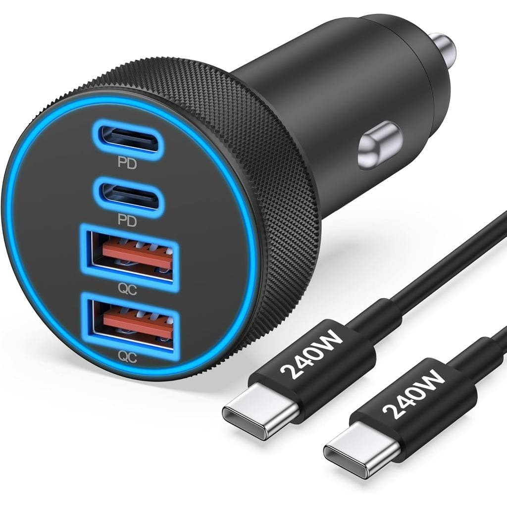 Carregador De Carro Para iPhone 17 16 15 Carregamento Rápido , 90W 4 Portas USB C Adaptador De Isqueiro Com Cabo-De 240