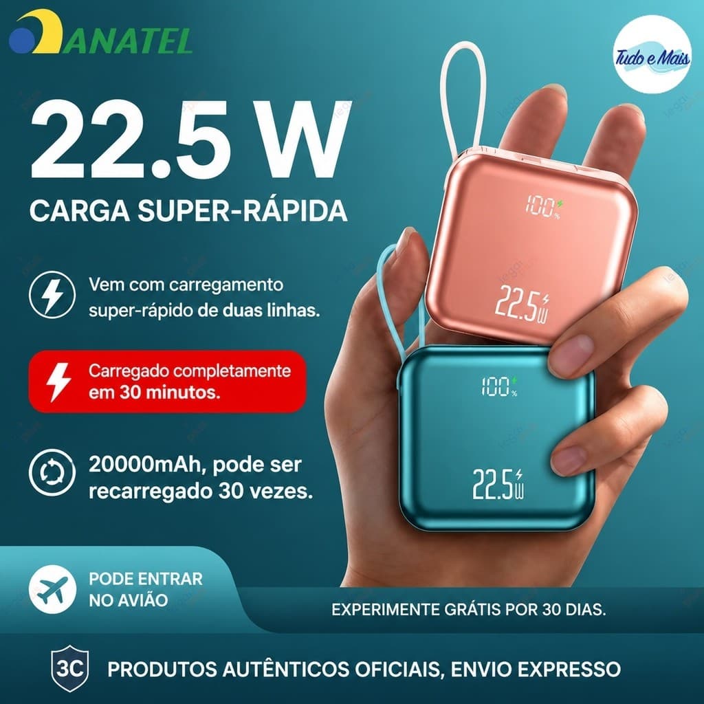 Carregador Portátil 20000mAh Display Digital Carregamento Rápido 4 Saídas Universal