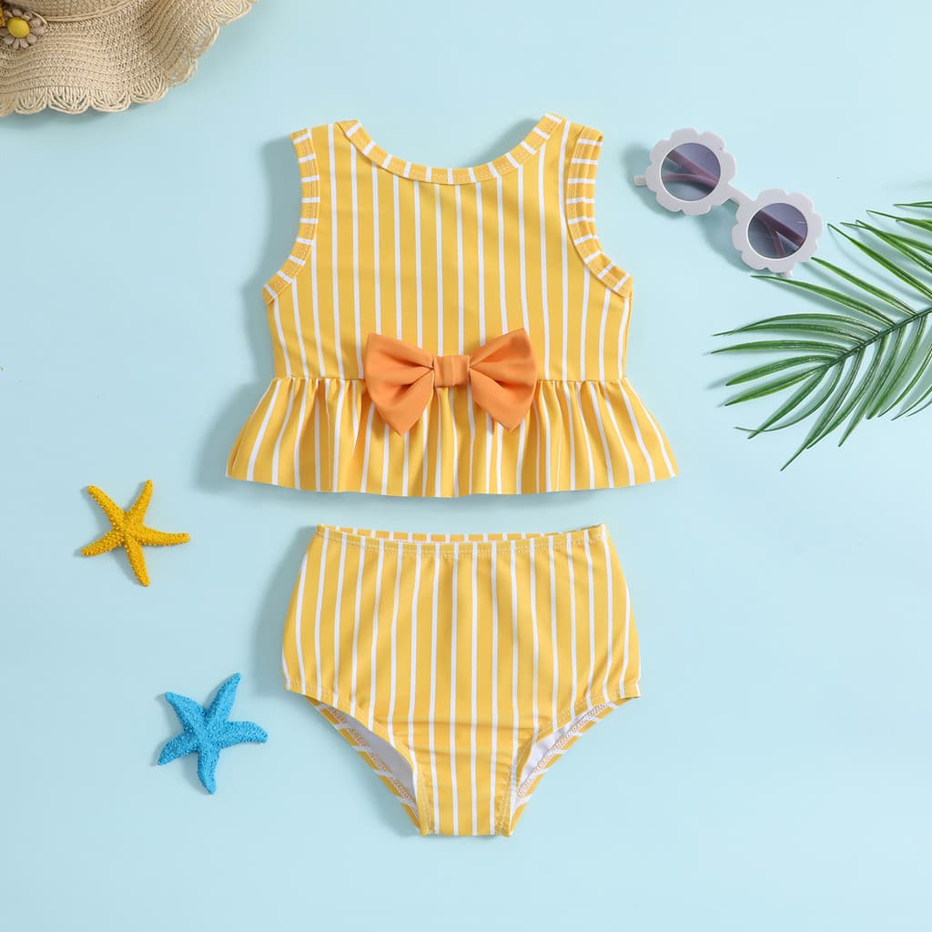 Amarelo Listrado Impressão Crianças Meninas Biquinis Conjunto Verão Praia Wear Duas Peças Maiô Do Bebê Menina