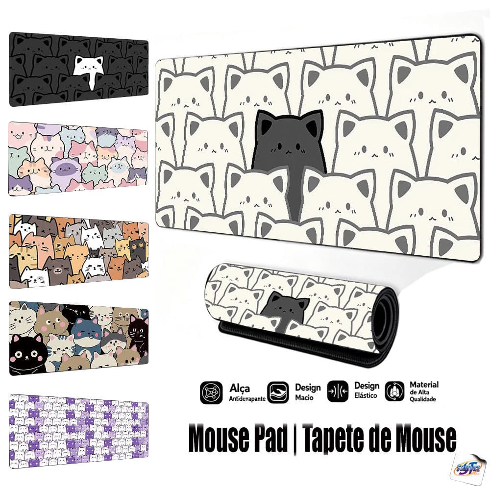 Mouse Pad Gamer Tapete de Mouse 80x30cm Gatinhos Fofos Empilhados Antiderrapante Borda Costurada FPS Escritório