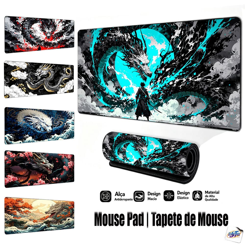 Mouse Pad Gamer Tapete de Mouse 80x30cm Samurai e Dragão Aquarela Antiderrapante Borda Costurada FPS Escritório