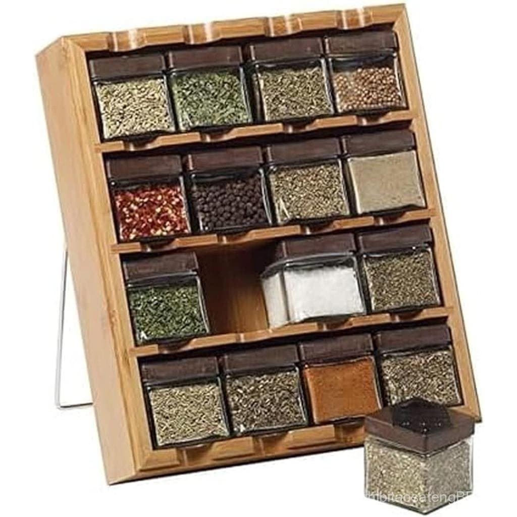 Organizador de Especiarias 3 em 1 Kamenstein Jar Bamboo para Bancada, Parede e Gaveta com Especiarias Inclusas, Refil de