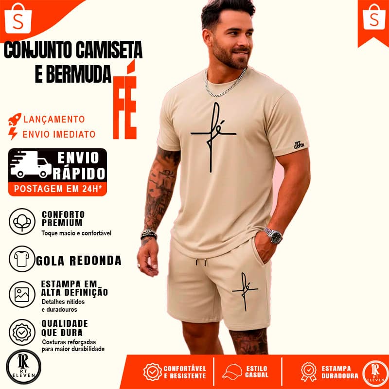 Kit Camiseta Masculina 100% Algodão + Bermuda Moletom Lançamento Estampada Fé gratidão Confortavel  Unissex