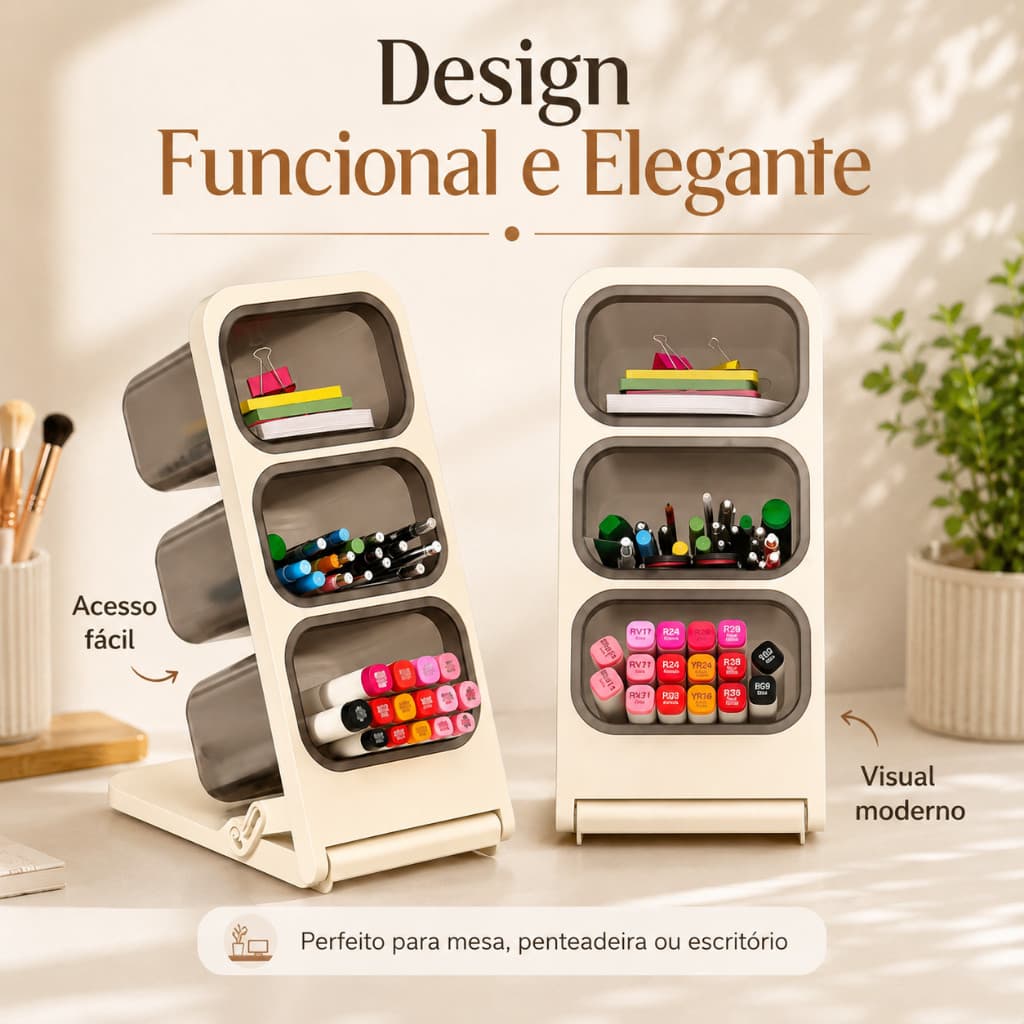 Organizador Multiuso com 3 Compartimentos – Canetas, Marcadores, Pincéis e Maquiagem