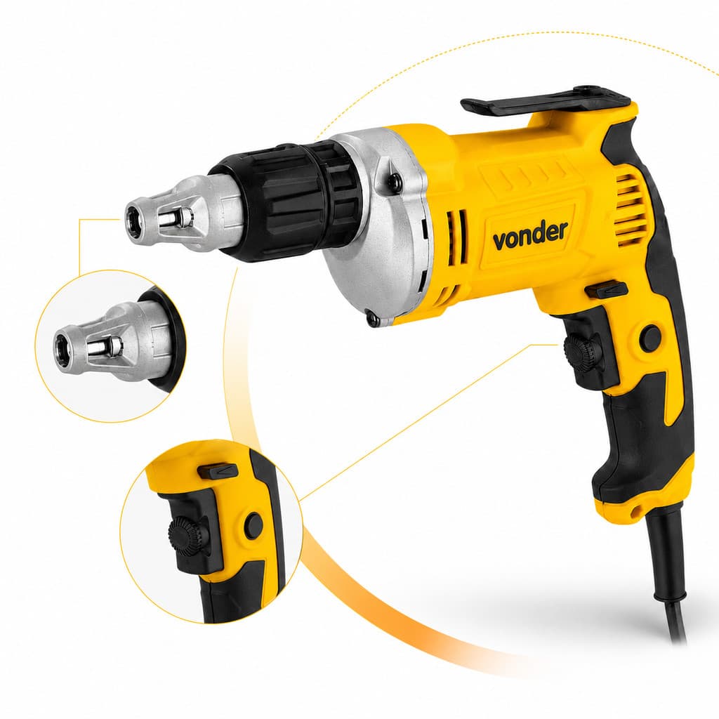 Parafusadeira Drywall 220V Vonder Potência 620W Encaxe 1/4 Velocidade Variável Uso Profissional PFV620