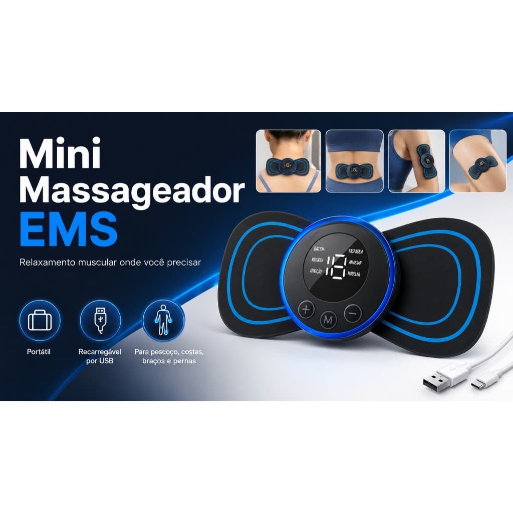 Mini Massageador EMS Portátil Recarregável USB para Pescoço, Costas, Braços e Pernas