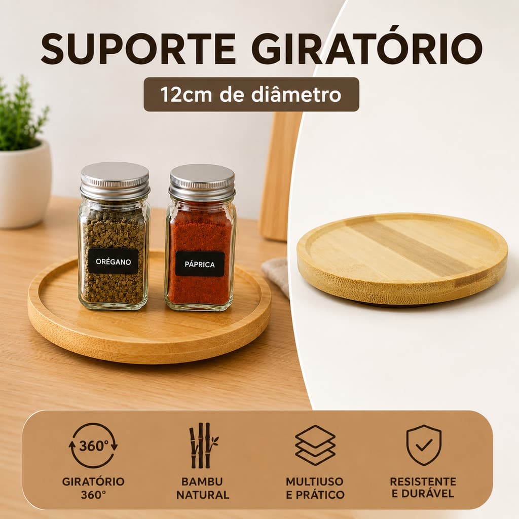 Mini Suporte Organizador Giratório 360° em Bambu Base Giratória Multiuso 12cm para Temperos Decoração