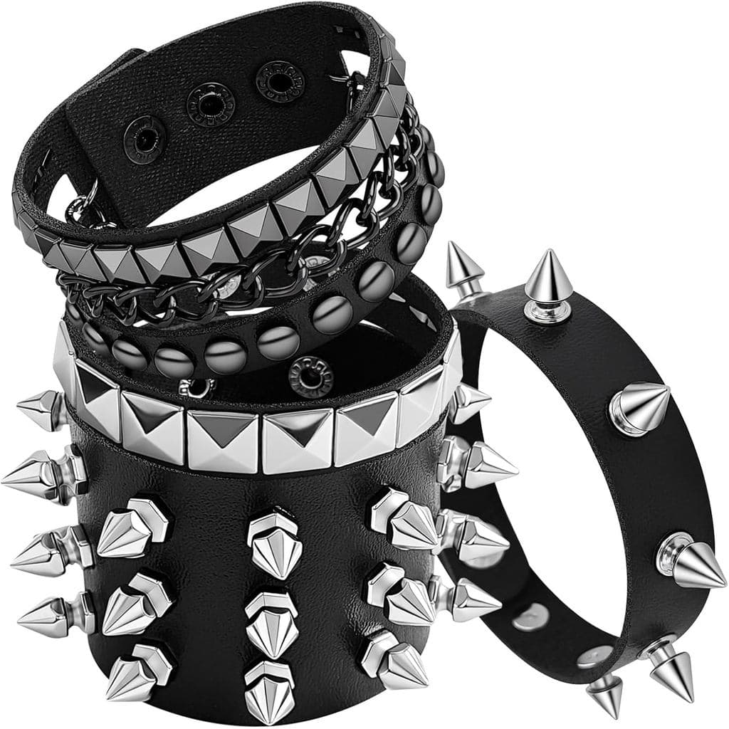 Pulseira Punk Rock Cravejada – Pulseiras Ajustáveis Com Punho De Couro Pontas Para Homens E Mulheres Acessórios Góticos
