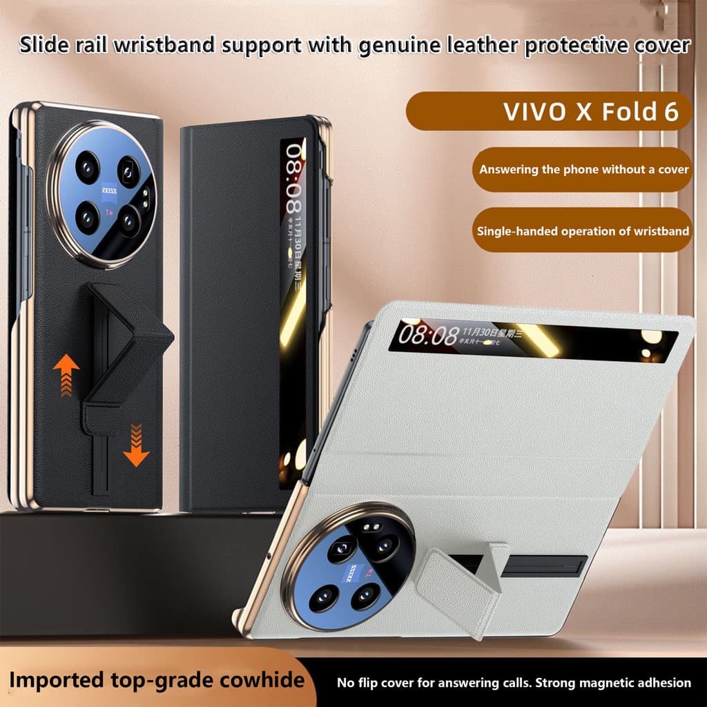 Capa De Couro Genuíno Premium Para Vivo X FOLD6 FOLD6 Fold 6 5G Magnético Dobrável Trilho Deslizante Wtistband Suporte C