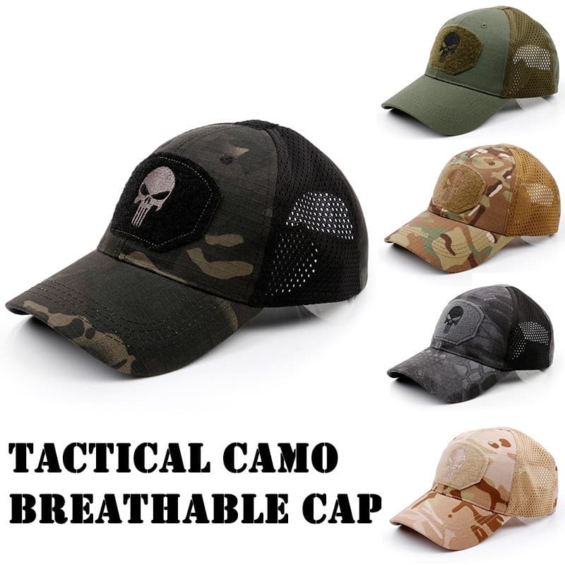 Boné tático camuflado, boné de beisebol, boné outdoor com logotipo de caveira, boné com velcro T09J