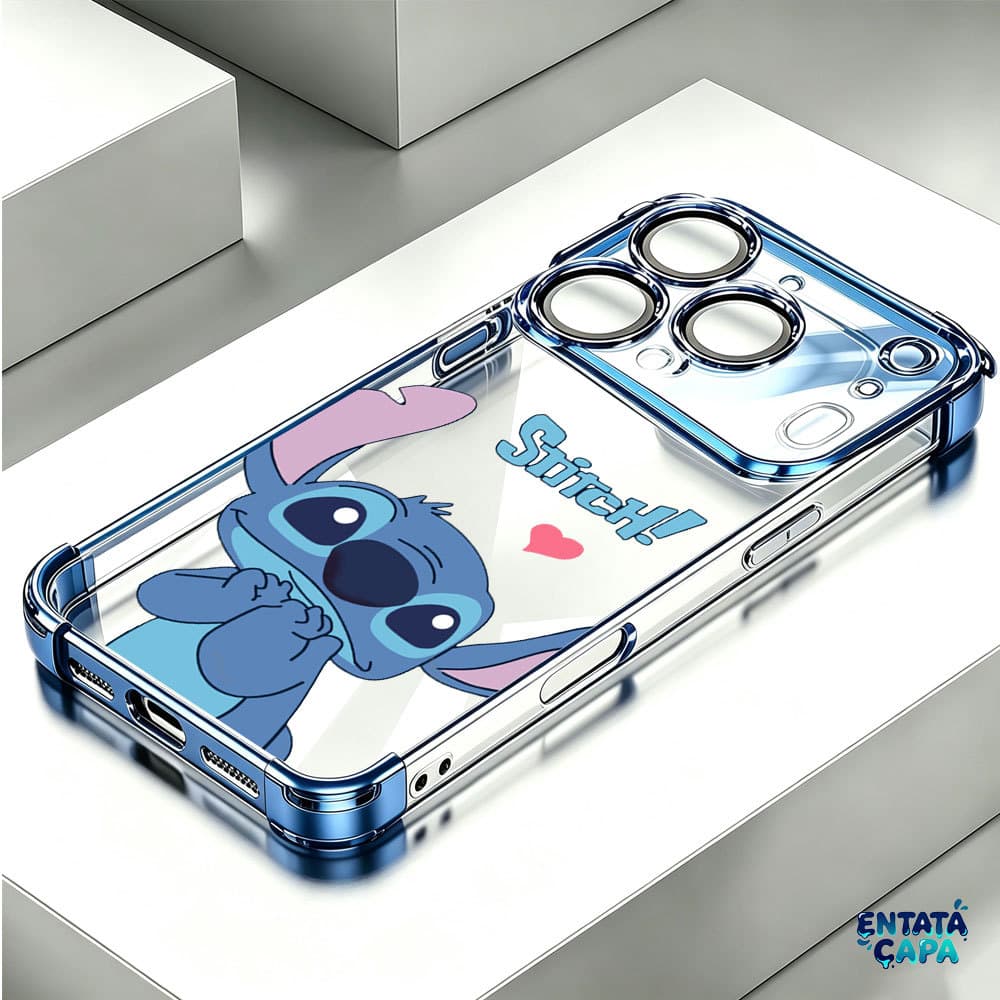 Capinha Capa Borda Cromada 4 Cantos Anti Queda Stitch Kawaii Corado para iPhone 17 Pro Max 13 14 11 12 16 15 Plus Air