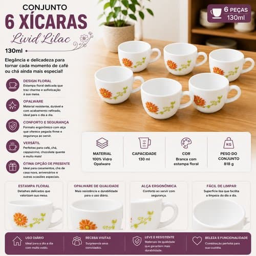 Conjunto 6 Xicaras Cafe Cha Porcelana 130ml Branca Elegancia Durabilidade
