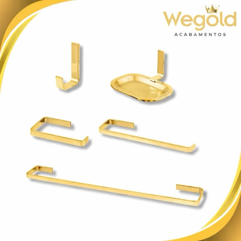 Kit Quadrado Dourado 5 Peças Luxo Acessórios Para Banheiro