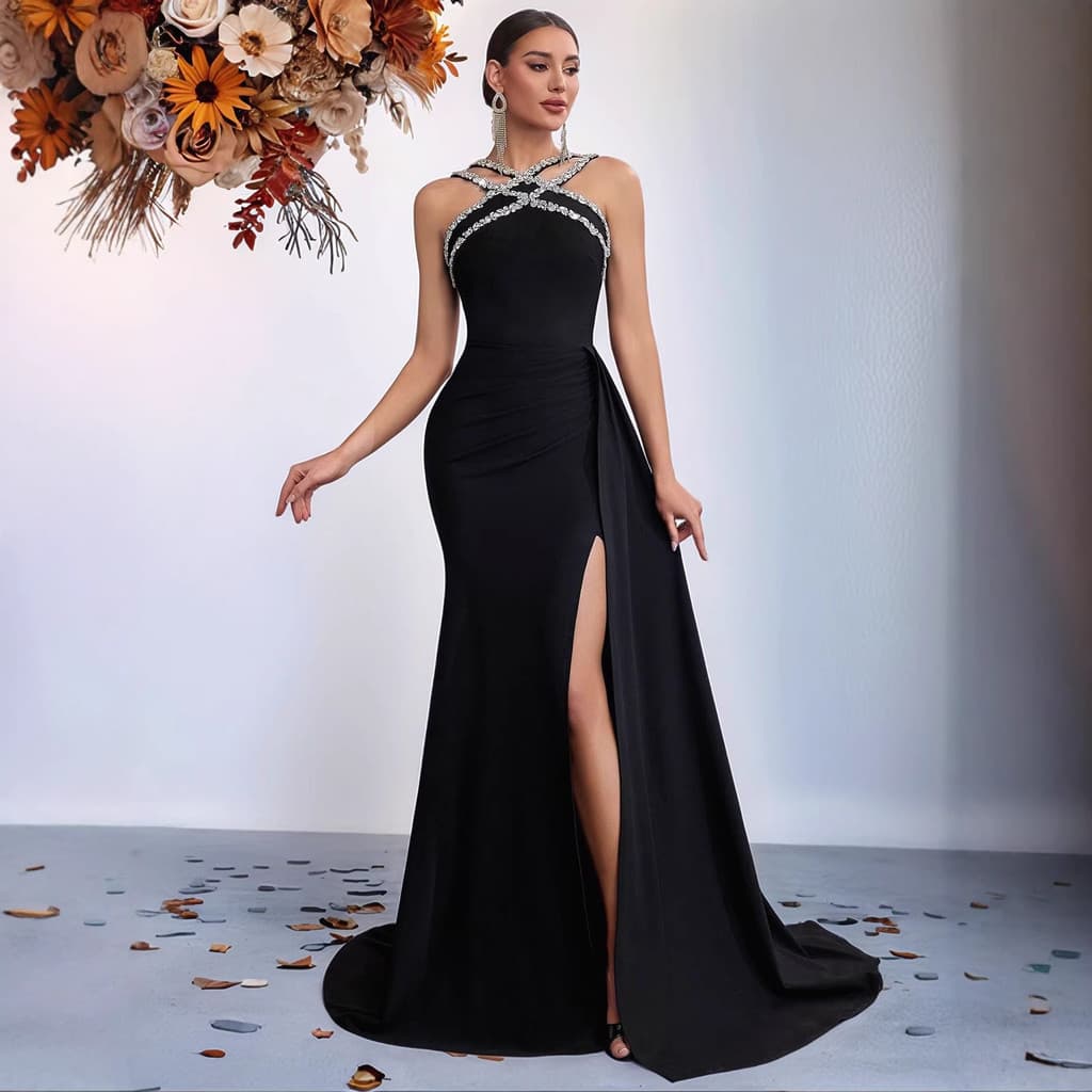 Novo vestido de noite estilo europeu e americano, luxuoso e leve, com decote halter, lantejoulas, corte sereia, ajuste j