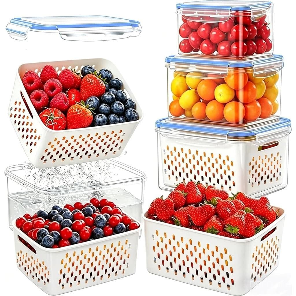Conjunto de 3 Recipientes para Armazenamento de Frutas para Geladeira com Escorredor Removível – Recipientes Herméticos