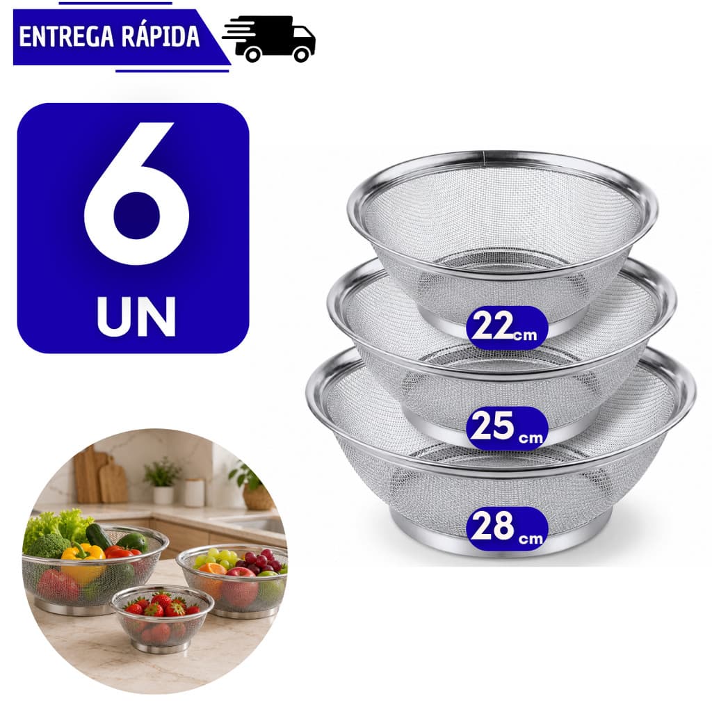 6 Cesto Escorredor em Aço Inox Cozinha Massa Fritura Legumes Frutas Fruteira Escorrer Arroz Resistente Peneira Cesta