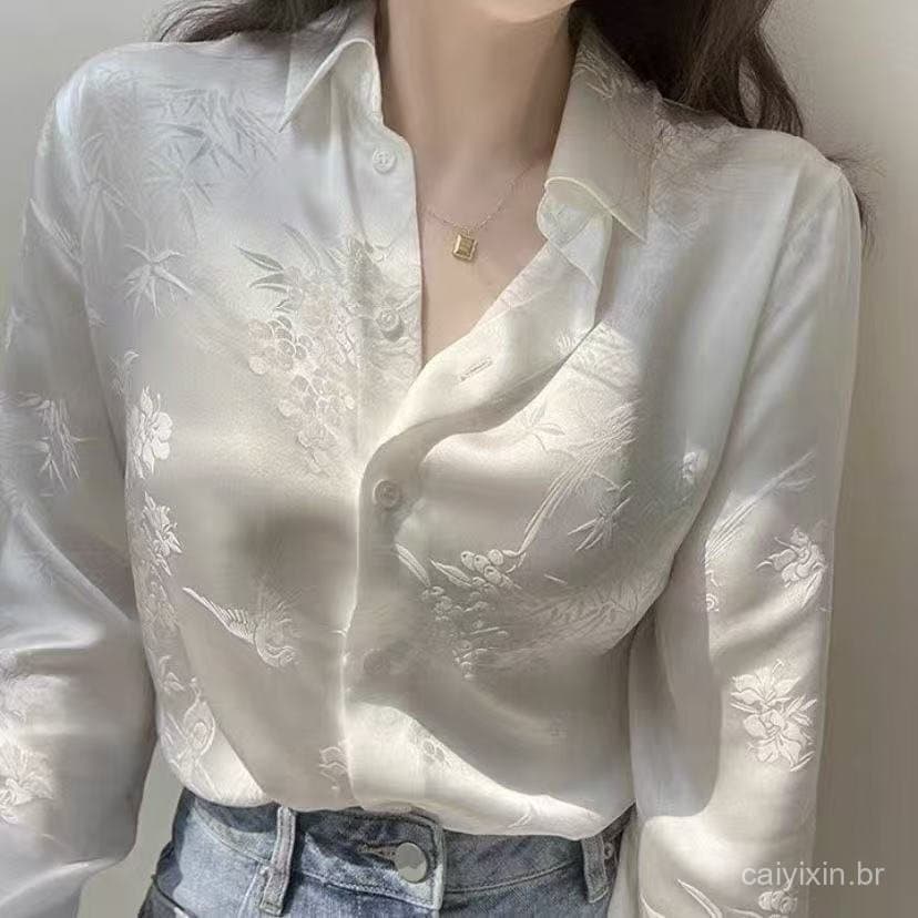 Camisa Blusa Feminina Solta de Cetim Estampada de Manga Longa Estilo Coreano Nova BVYE
