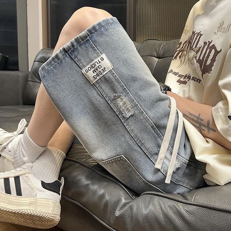 Shorts jeans masculino estilo fino lado zero Design calças médias americano High Street solto em linha reta calças de ci