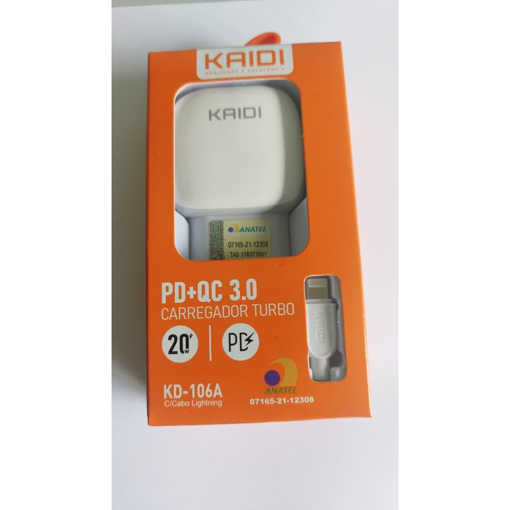 Carregador iPhone Turbo Kaidi 20W KD-106A PD 3.0 Cabo Lightning Bivolt