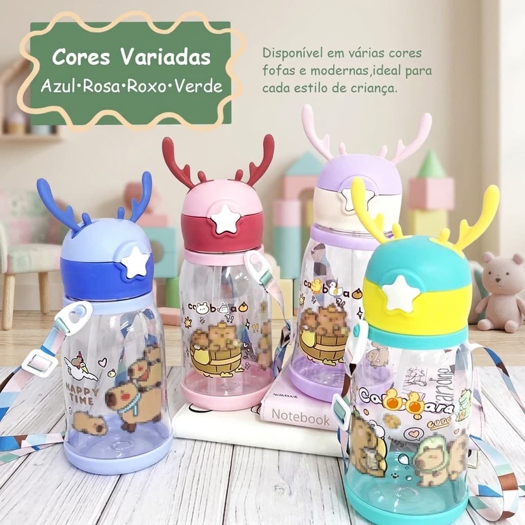 Garrafa de Água Infantil 600ml com Canudo e Alça Ajustável Vedação Anti Derramamento