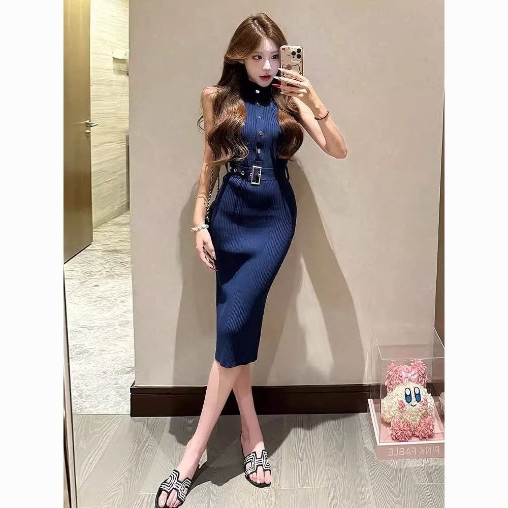 Elegante celebridade francês sem mangas vestido de malha cintura estreita alta elasticidade magro-ajuste Breasted mais m
