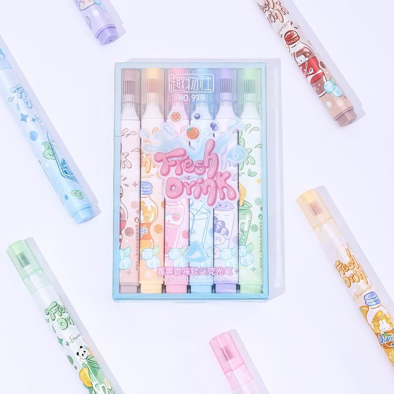 Marca-Texto Frutado – Kit 6 Cores com Aromas De Bebidas Marca Texto Kawaii Fofo Ideal Para Escola/Resumos/Personalização