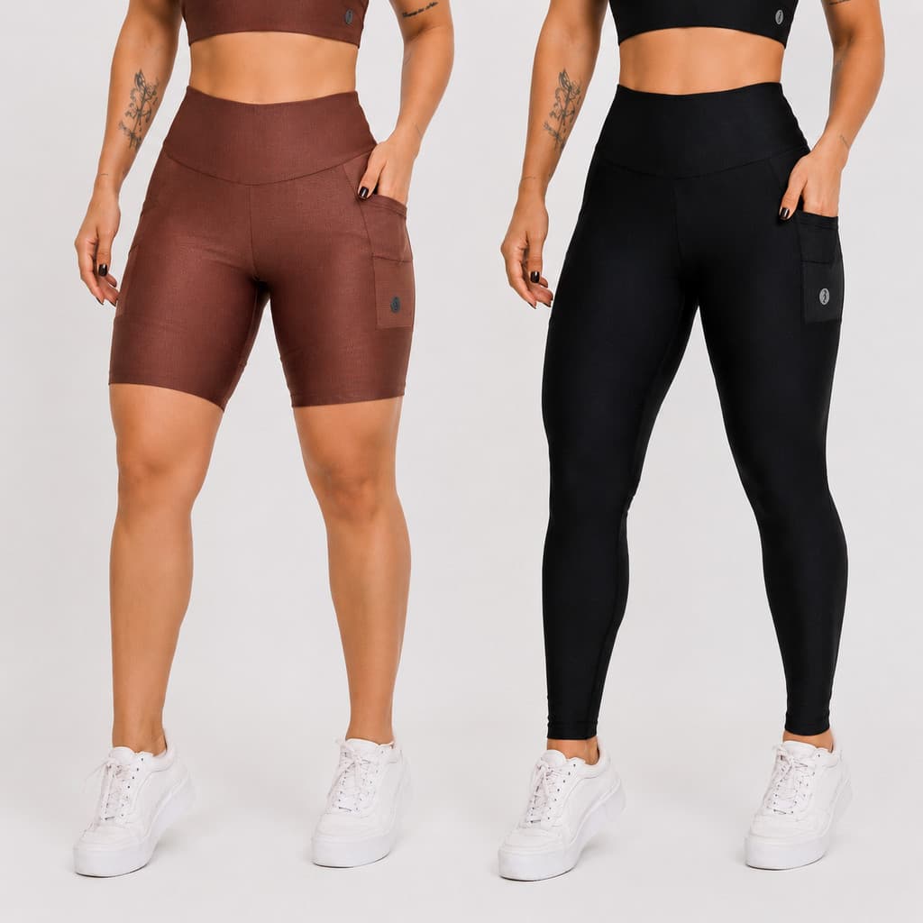 Kit Bermuda Flora + Calça Penélope Com Bolsos Laterais e Cintura Alta Feminina Moda Fitness