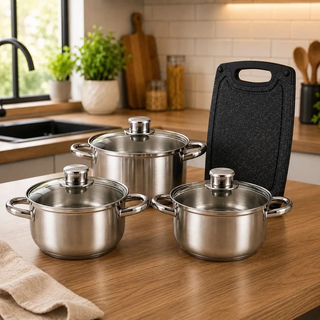 Jogo de Panelas Inox 3 Peças Tampa Vidro Temperado Tábua de Corte Indução Cozinha Casa CHEF D