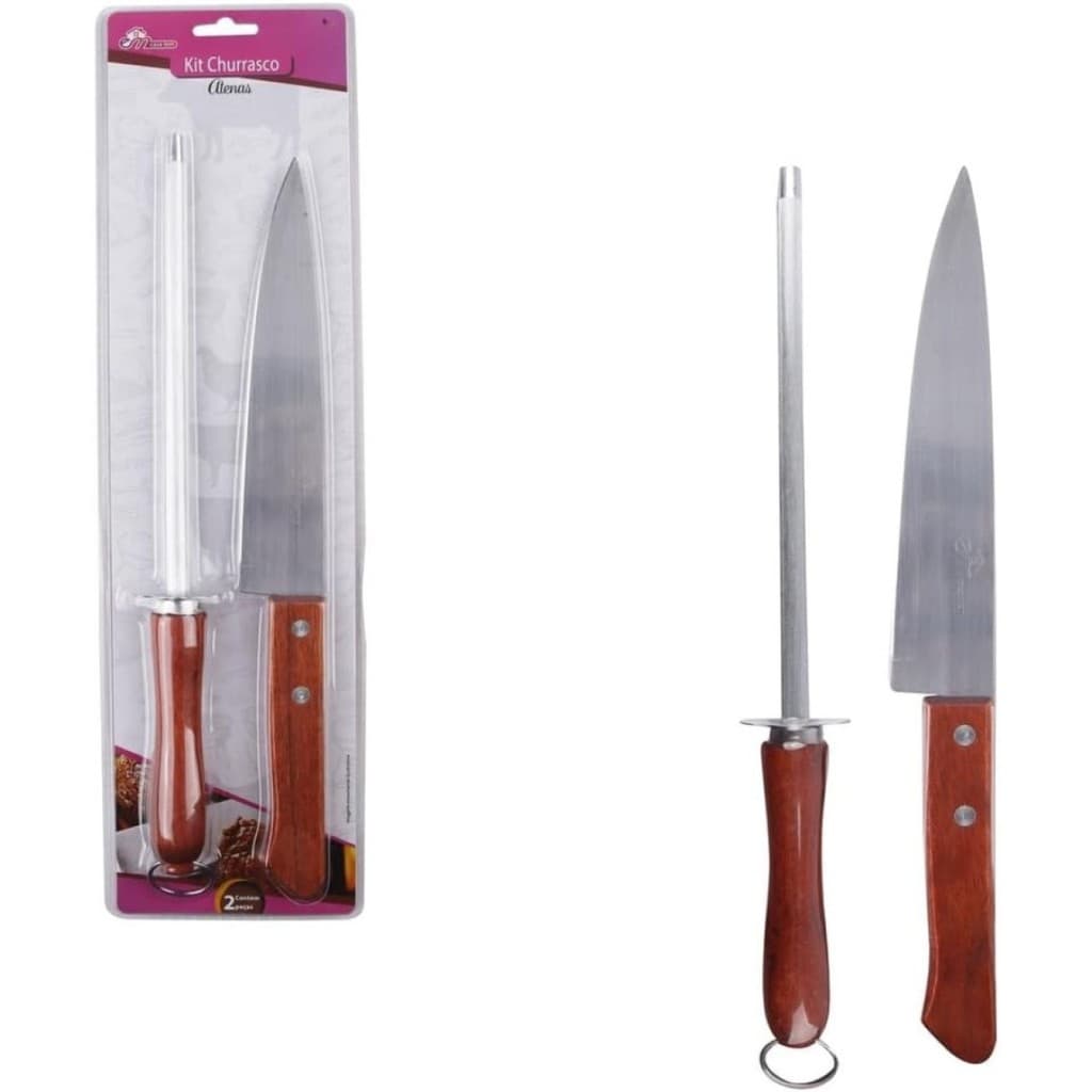 Kit Churrasco Atenas 2 Peças Faca e Chaira em Aço Inox Profissional para Carnes e Churrasco