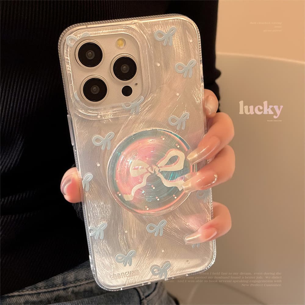 Capa de telefone com laço azul adequada para Apple 17promax Laser Stand iphone16 resistente a choques 15 rígido 14 nicho