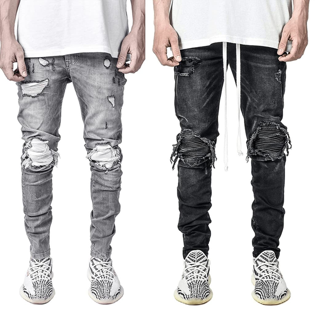 Rua na moda masculina estiramento Denim calças magras motocicleta rasgado preto Jeans masculino
