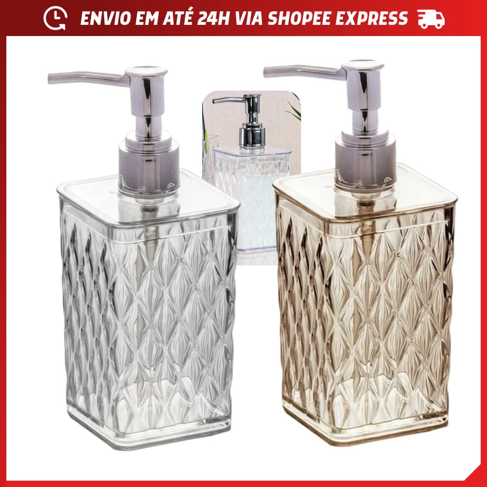Porta Sabonete Líquido 285ml Linha Cristal Facetado Elegante Atóxico Ambar ou Cristal Incolor