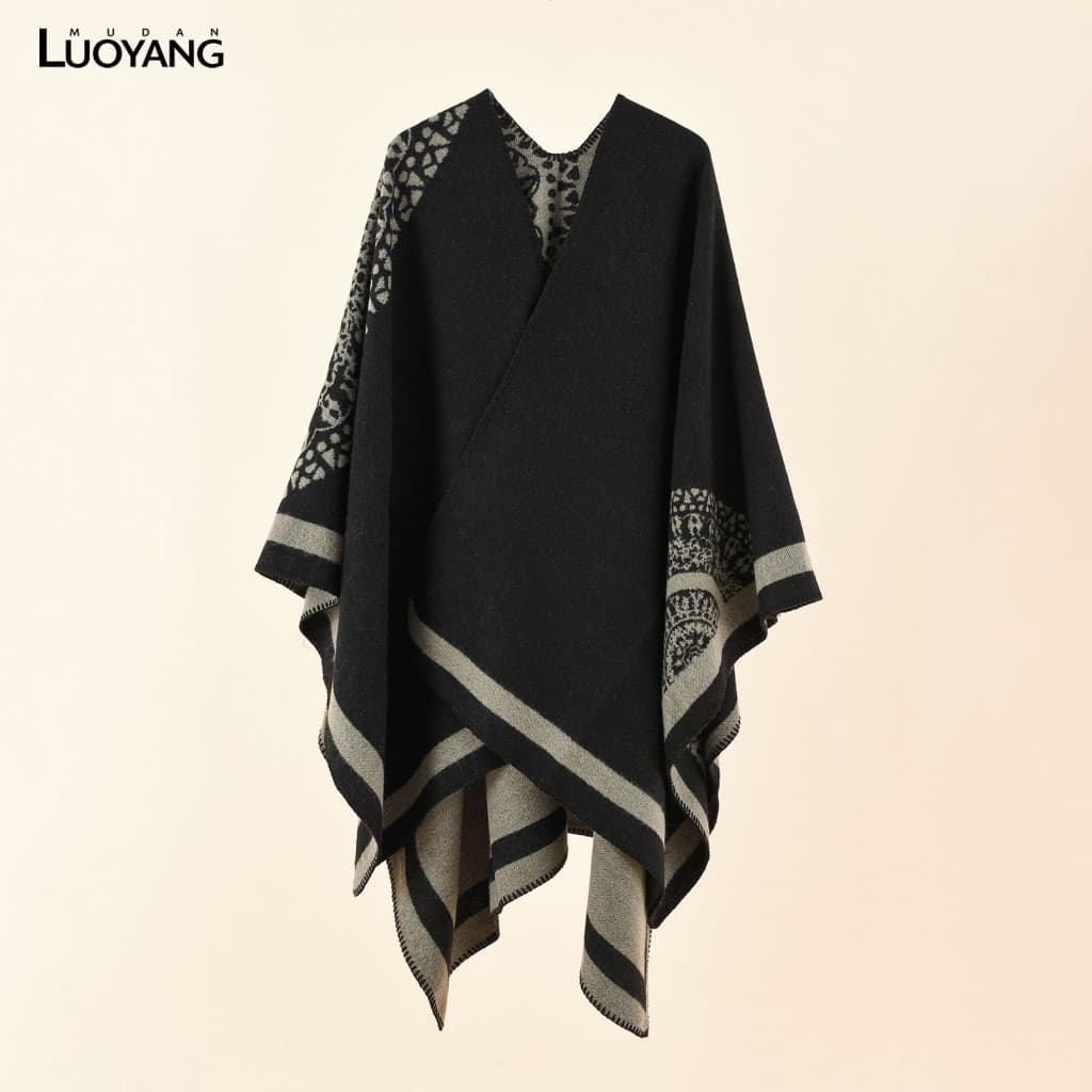 Casaco Poncho Espessamento Patchwork Imitado Caxemira Toque Macio Feminino Para Clima Frio