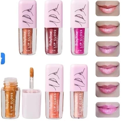 Kit 3 Lip Gloss Brilho Labial Com Glitter Ruby Rose
