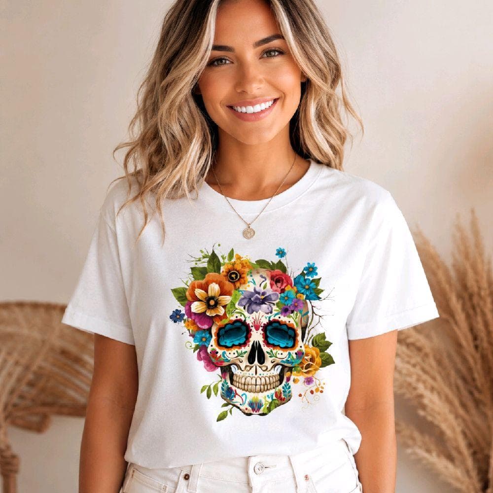 Blusa Feminina 100% Algodão Camiseta Caveira Flores Blusa Básica Confortável