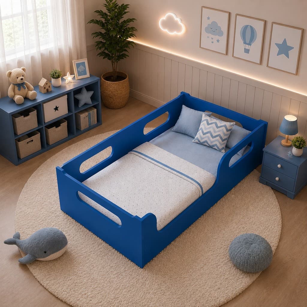 Cama Juvenil Azul Sem Colchão Encanto Montessoriana Seguro Com Grade De Proteção Confortável