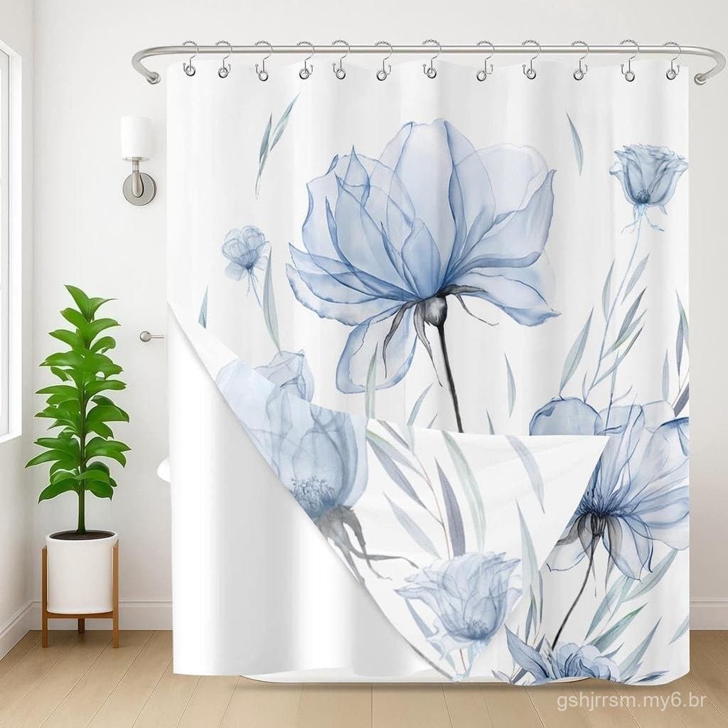 Conjunto de Cortina e Forro para Chuveiro, Cortina e Forro de Chuveiro com Estampa Floral em Aquarela Boho Azul e Cinza