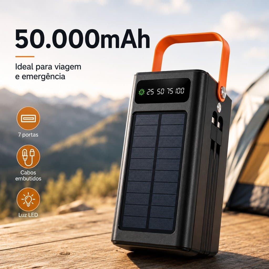 Power Bank de 50000mah Solar Turbo Carga Rápida Portátil Grande c Tela Digital